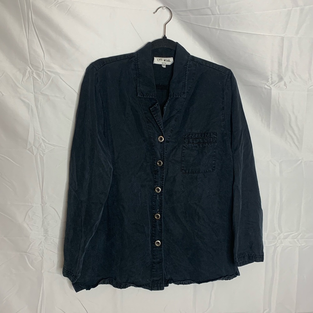 City Wear Vintage 80s Black 100% Tincel Retro Button Up Shirt Silver Detailing